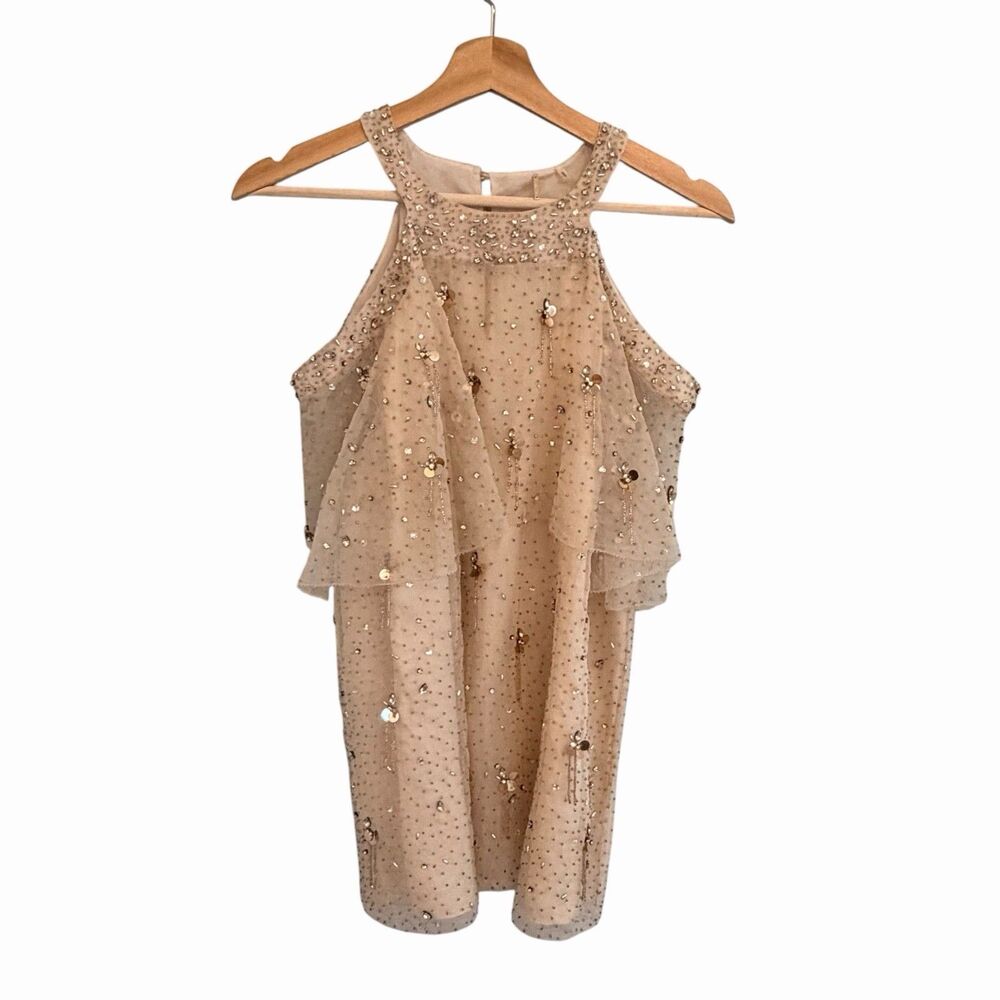 Elie Tahari Silk Beaded Ruffle Halter Top Size M Fairy Glam Cocktail Party Event
